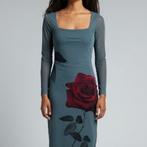 Almost Famous Teal Dress with Bold Red Rose